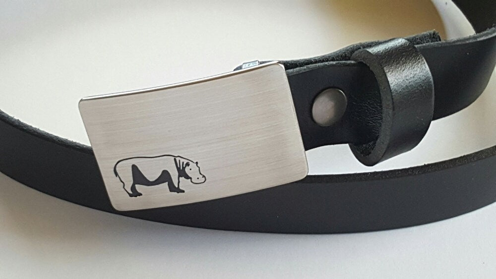 Personalized Belt & Buckle Set African Safari Etched Hippo Zebra Customized Design Your Buckle w/ 1-1/4" Wide Leather Belt with Snaps