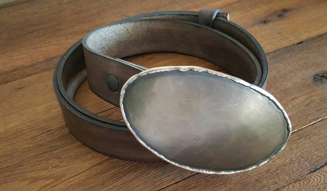 Hand Forged Buckle, Oversized Oval, Bronze, Texas Belt Buckle with Leather 1.5" Belt, Handcrafted in Canada, Velvet or Burlap Bag Included