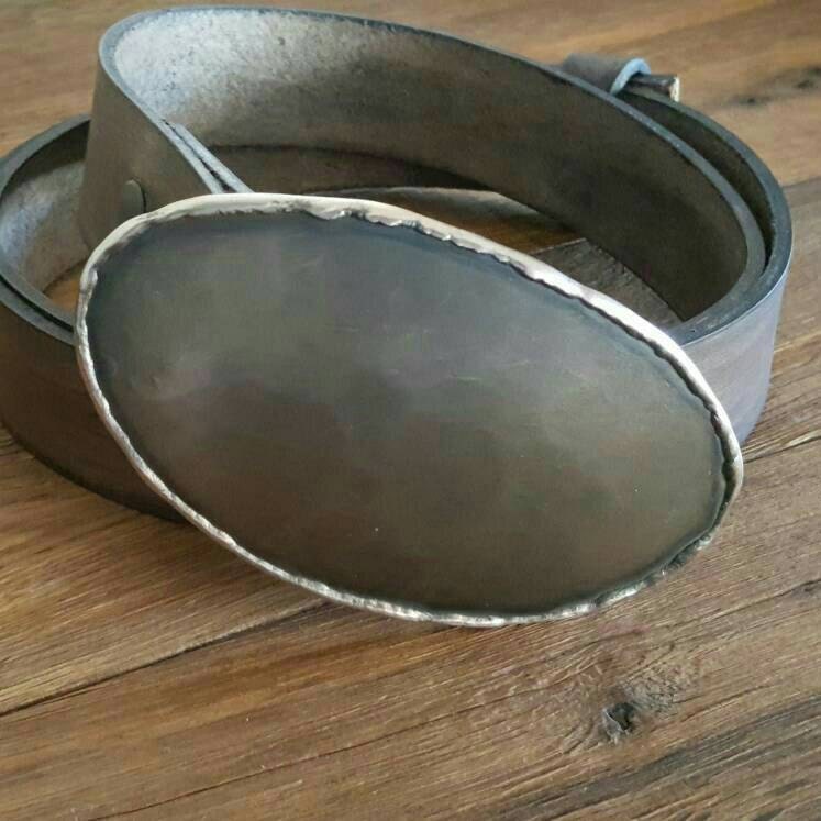 Texas Belt Buckle & Leather Belt, Hand Forged Buckle, Bronze or Silver Oversized Oval, Handcrafted in Canada, Bronze Anniversary Gift