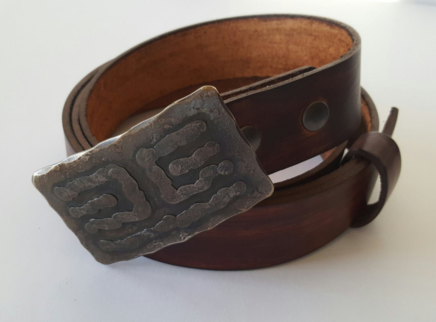 Bronze Belt & Buckle Set Ancient Hand Forged Stainless Steel Replica Buckle and Hand Dyed Wood Grain Leather Belt with Snaps For 1.5" Belt