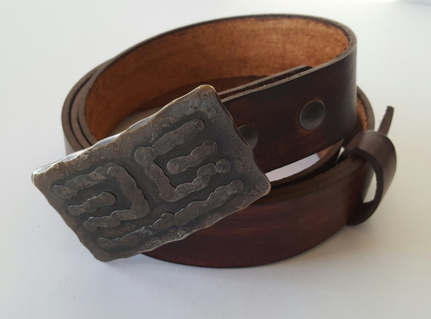 Bronze Belt & Buckle Set Ancient Hand Forged Stainless Steel Replica Buckle and Hand Dyed Wood Grain Leather Belt with Snaps For 1.5" Belt