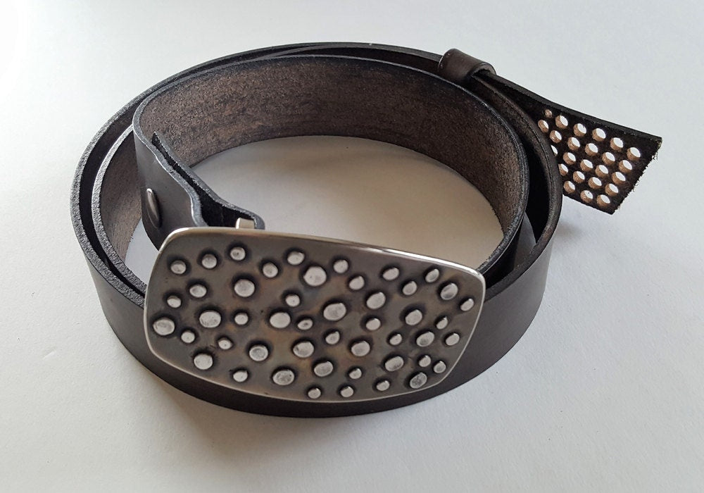 Handcrafted Canadian Belt & Buckle SET Hand Forged Polka Dot Belt Buckle w/ Hand Dyed Leather Slate Wood Grain Snap Belt for Jeans or Chinos