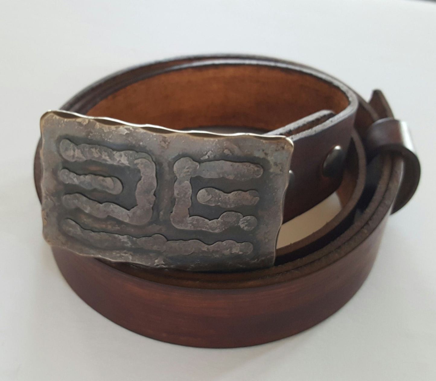 Bronze Belt & Buckle Set Ancient Hand Forged Stainless Steel Replica Buckle and Hand Dyed Wood Grain Leather Belt with Snaps For 1.5" Belt