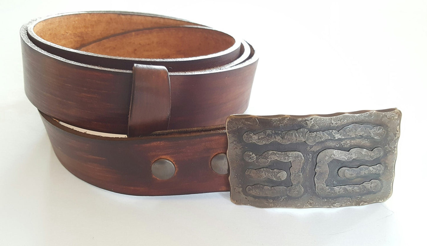 Bronze Belt & Buckle Set Ancient Hand Forged Stainless Steel Replica Buckle and Hand Dyed Wood Grain Leather Belt with Snaps For 1.5" Belt