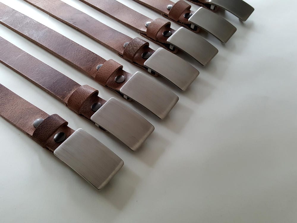 Classic Wedding Belt and Buckle Set ~ Groom & Groomsmen Gift ~ Wedding Keepsake ~ Brushed Stainless Buckle w/ Distressed Leather Snap Belt