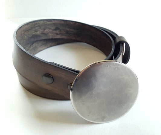 Belt & Buckle SET Hand Dyed Leather Belt w/ Hand Forged Round Buckle Fits Blue Jeans ~ Belt has Snaps ~ Custom Cut to Your Waist Size