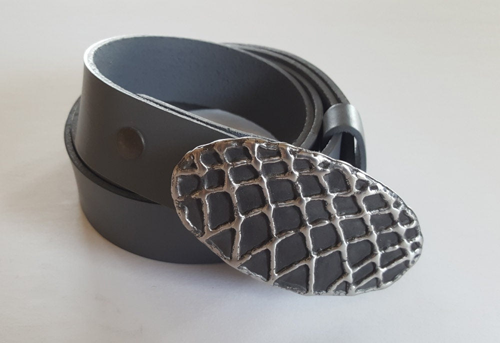 Belt & Buckle SET, Hand Forged Net Buckle with Hand Dyed 1.5" Grey Leather Belt, 6 Belt Colors, Anniversary Gifts for Him, Gifts for Her