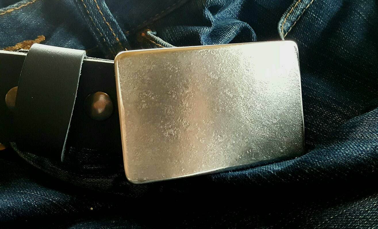 Belt & Buckle SET, Silver Anvil Textured Stainless Steel, Belt w/ Snaps, Hypoallergenic Buckle, Signed by Aucoin 1.5" Leather Belt w/ Snaps