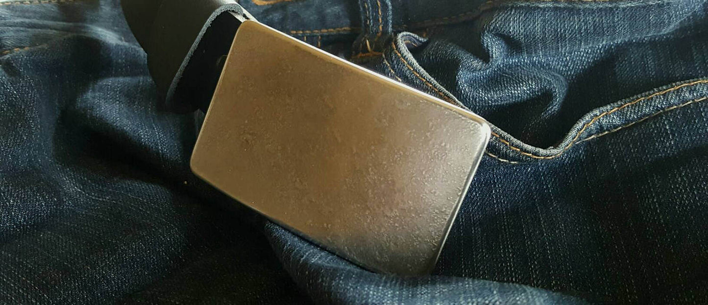 Belt & Buckle SET, Silver Anvil Textured Stainless Steel, Belt w/ Snaps, Hypoallergenic Buckle, Signed by Aucoin 1.5" Leather Belt w/ Snaps