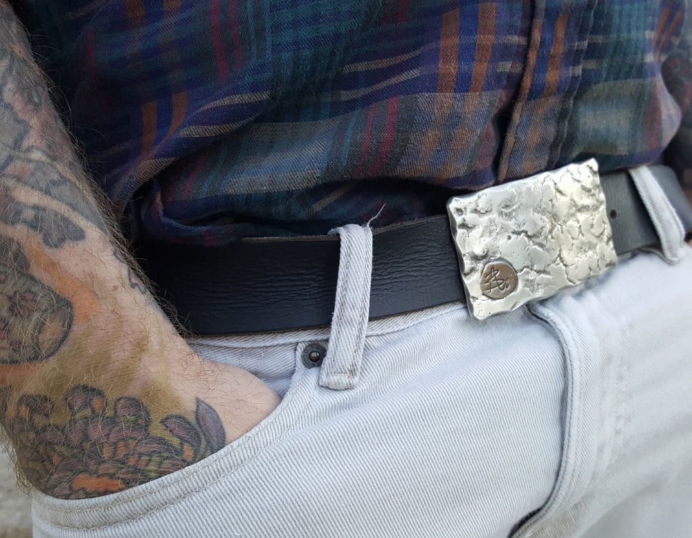Belt Buckle Signed Original Silver Hand Forged Buckle w/ Bronze Artist's Signature, Hypoallergenic, Stainless Steel For 1.5" Leather Belt