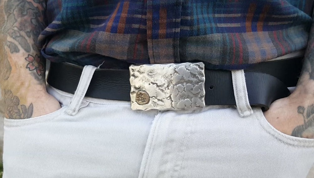 Belt Buckle Signed Original Silver Hand Forged Buckle w/ Bronze Artist's Signature, Hypoallergenic, Stainless Steel For 1.5" Leather Belt