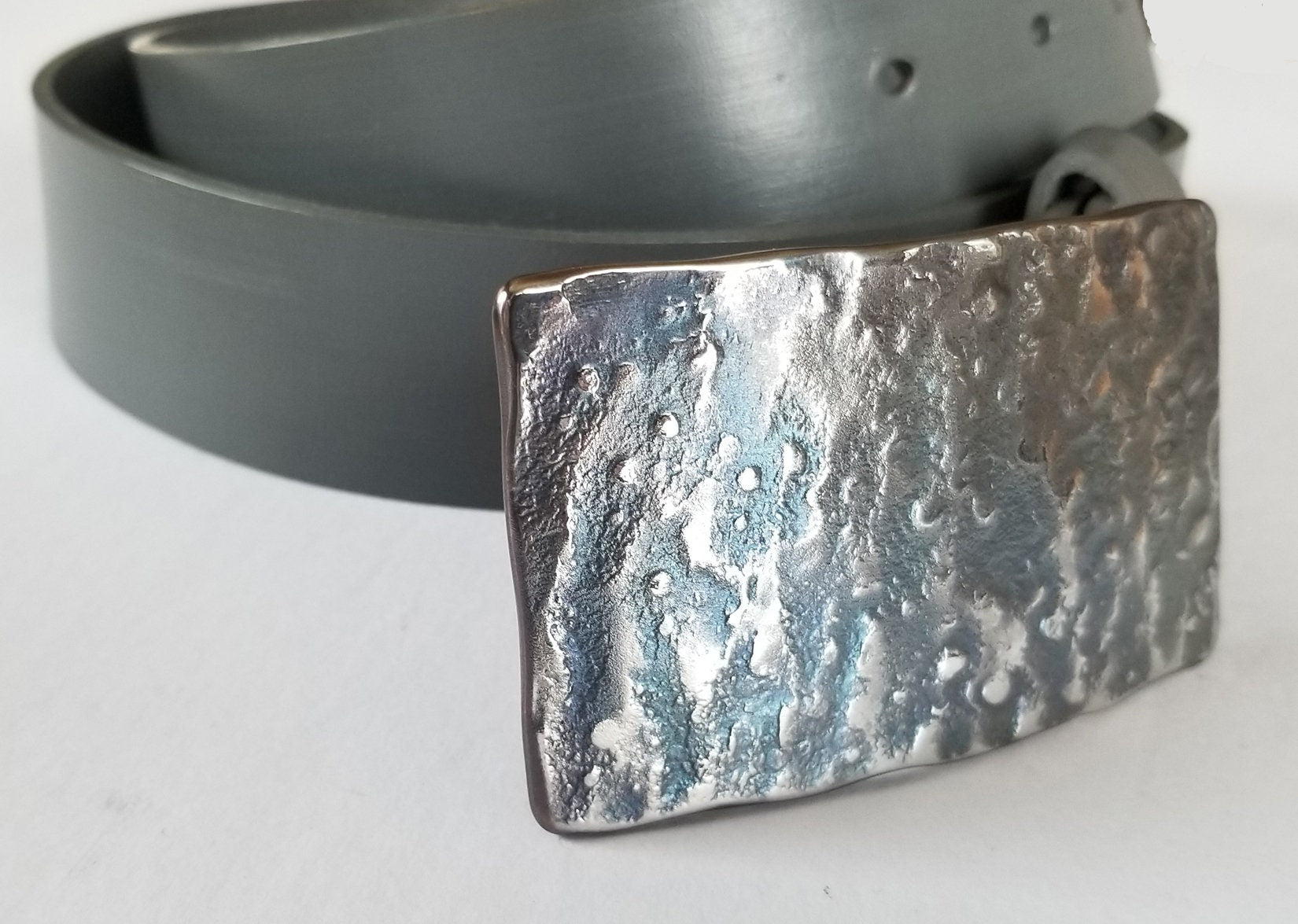 Blue Grey Belt Buckle & Charcoal Grey Belt Set For Jeans ~ Unisex Gifts ~ Hand Forged Stainless Steel Buckle Fits 1-1/2" Leather Dress Belt