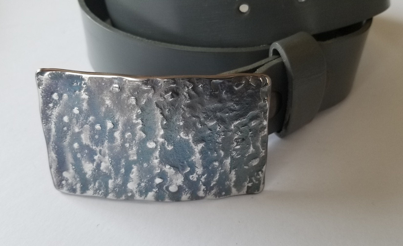 Blue Grey Belt Buckle & Charcoal Grey Belt Set For Jeans ~ Unisex Gifts ~ Hand Forged Stainless Steel Buckle Fits 1-1/2" Leather Dress Belt