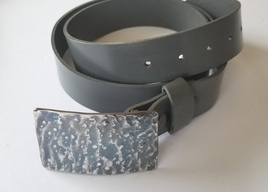 Blue Grey Belt Buckle & Charcoal Grey Belt Set For Jeans ~ Unisex Gifts ~ Hand Forged Stainless Steel Buckle Fits 1-1/2" Leather Dress Belt