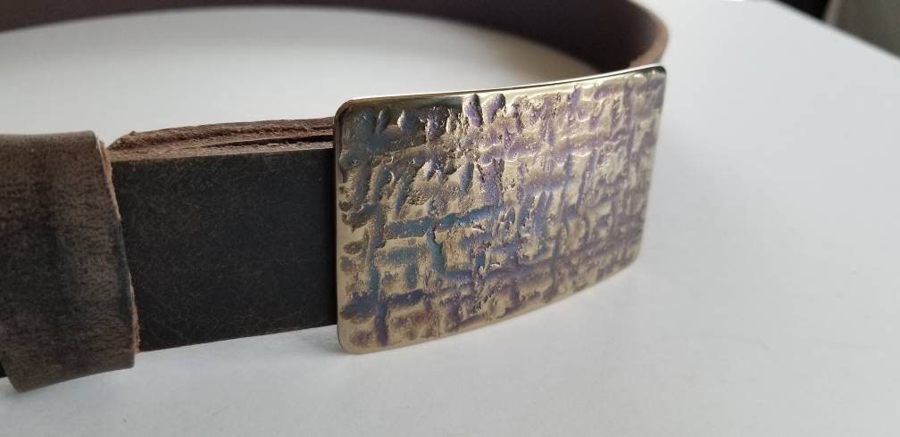 Belt Buckle Set for Blue Jean "The Ruins" ~ Hand Forged Stainless Steel Buckle For 1-1/2" Leather Dress Belt with Snaps