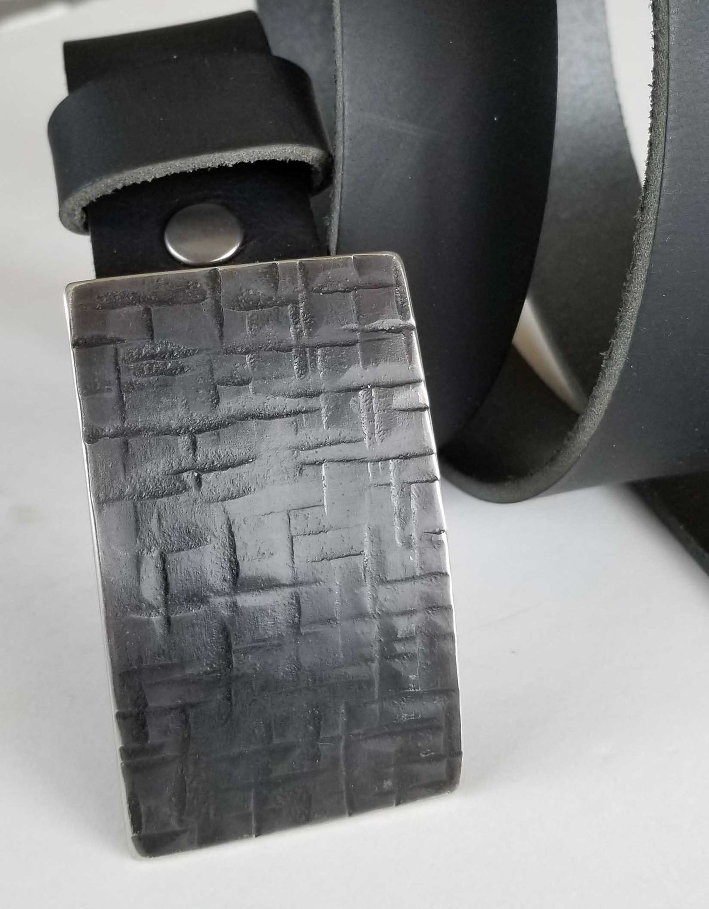 Buckle & Belt Set, Black Buckle, Blue Jean Belt Buckle Set, Hand Forged Stainless Steel Buckle w/ Snap Leather Belt, 5 Belt Colour Choices