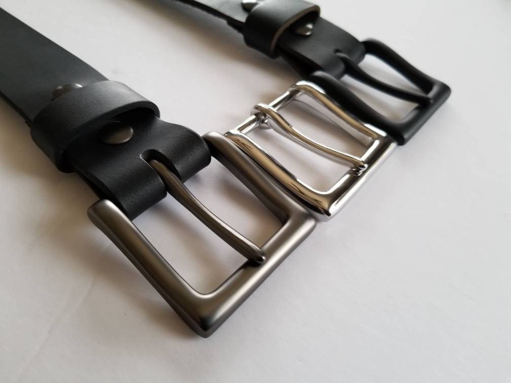 Black Leather Belt and Buckle Set Gunmetal or Black Buckle 1-1/2" Belt for Jean~ 1-1/4" Belt & Buckle for Suit~ Custom Cut Belt