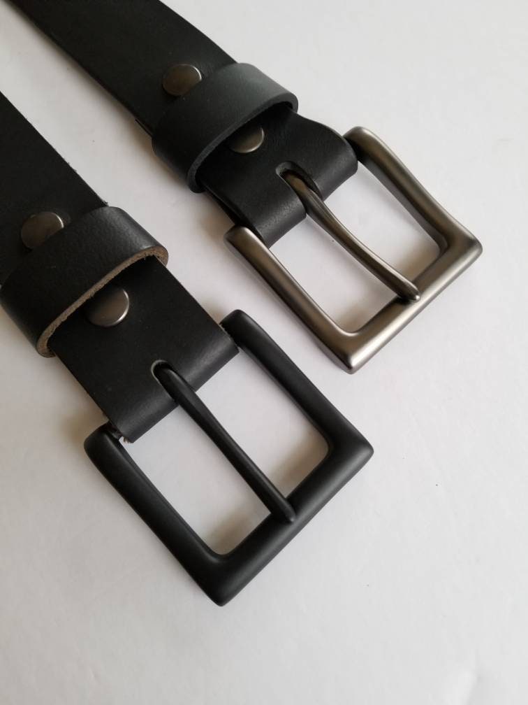 Leather Belt and Buckle Set Classic Black on Black Black Buckle 1-1/2" Oiled Buffalo Leather Belt with Snaps for Jeans ~ Custom Cut Belt