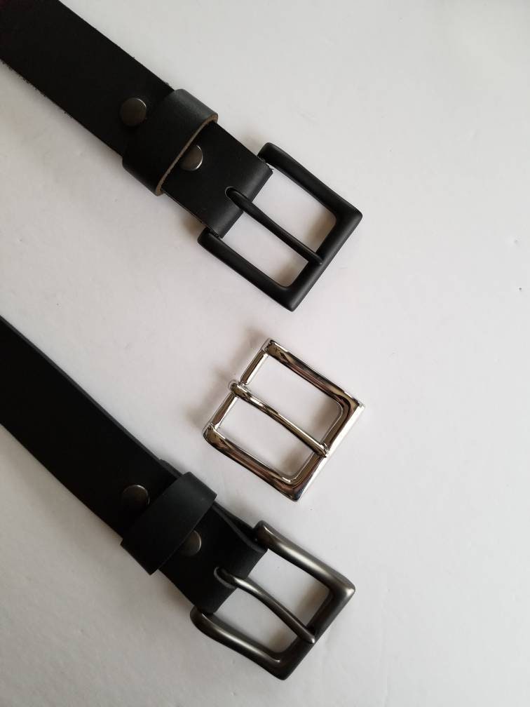 Black Leather Belt and Buckle Set Gunmetal Black Buckle w/ 1-1/2" Belt for Jean, 1.25" Belt & Buckle for Suit, Gifts for Guy or Gal