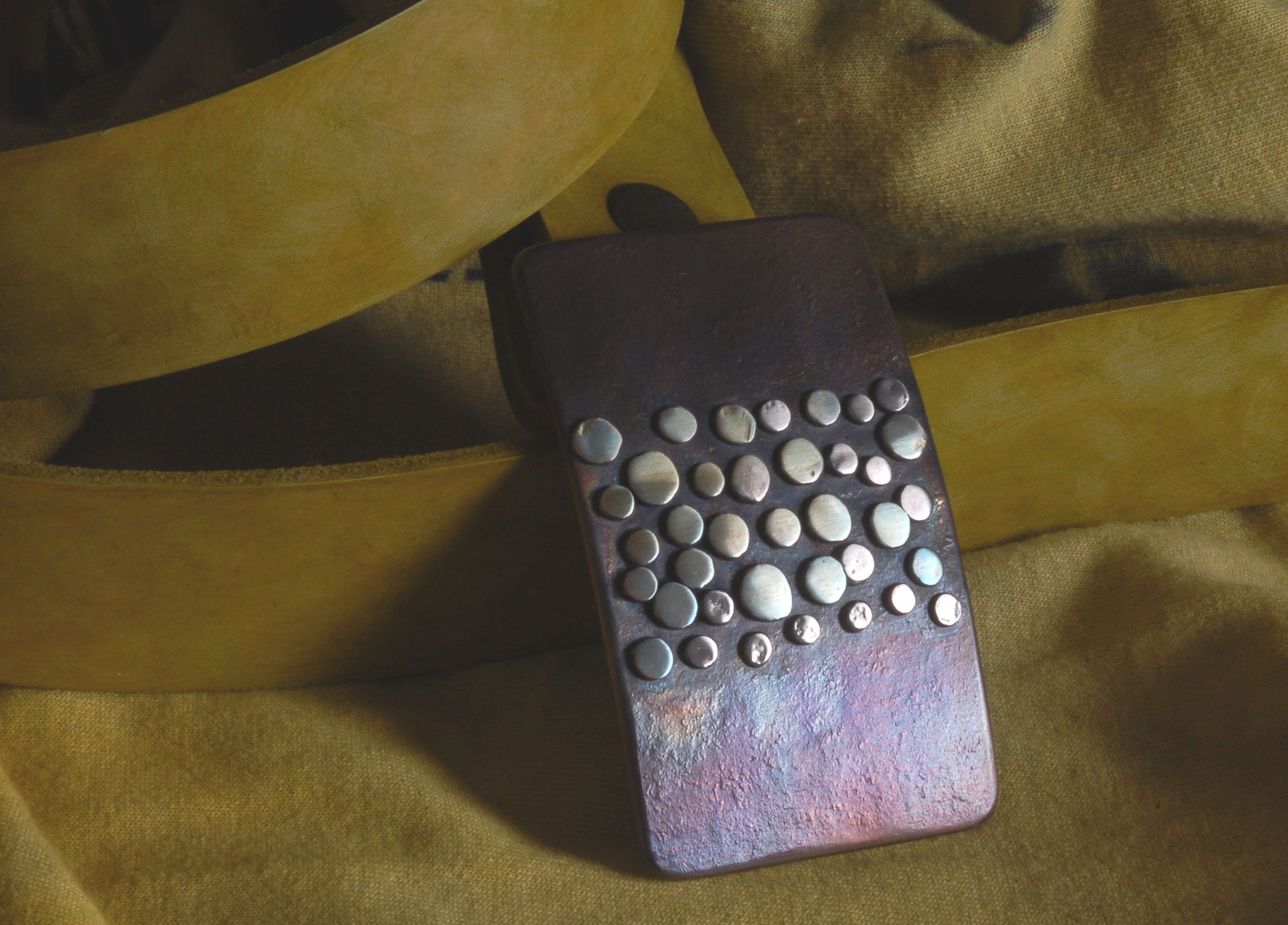 Artisan Belt Buckle & Chartreuse Hand Dyed Belt with Snaps Hand Forged Stainless Steel w/ Bronze "Whirlwind" Fits 1-1/2" Belt for Blue Jeans