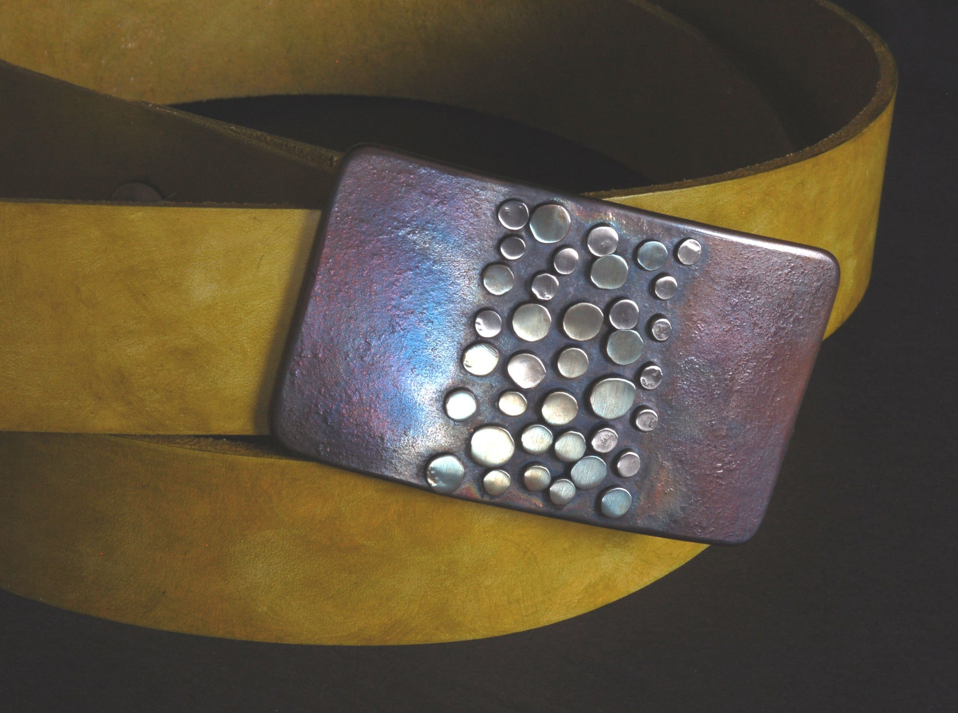 Artisan Belt Buckle & Chartreuse Hand Dyed Belt with Snaps Hand Forged Stainless Steel w/ Bronze "Whirlwind" Fits 1-1/2" Belt for Blue Jeans