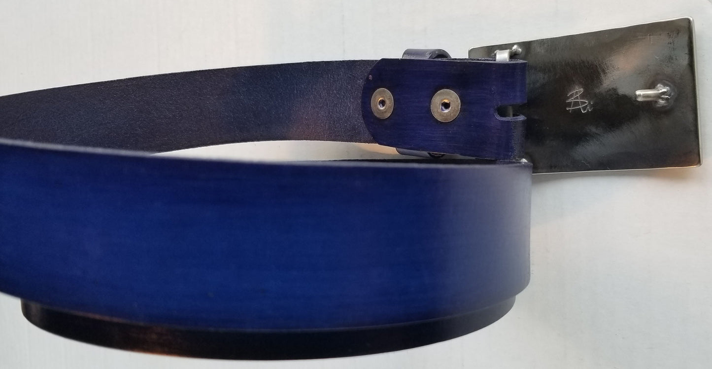 Belt & Buckle, Jean Buckle on Blue Belt, Hand Forged Anvil Textured Buckle, Boyfriend Gift, Signed Original Buckle fits 1-1/2" Belt for Jean