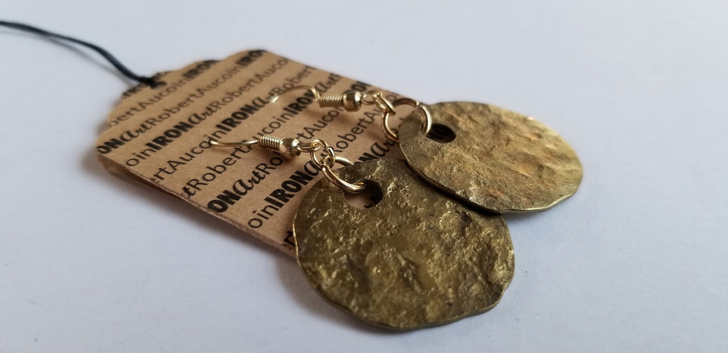 Anvil Textured Brass Earrings Hammered Ancient Gold Shepherd Hook Earrings w/ Bag Light Gold Earrings & Bag Stocking Stuffers Unisex Gifts