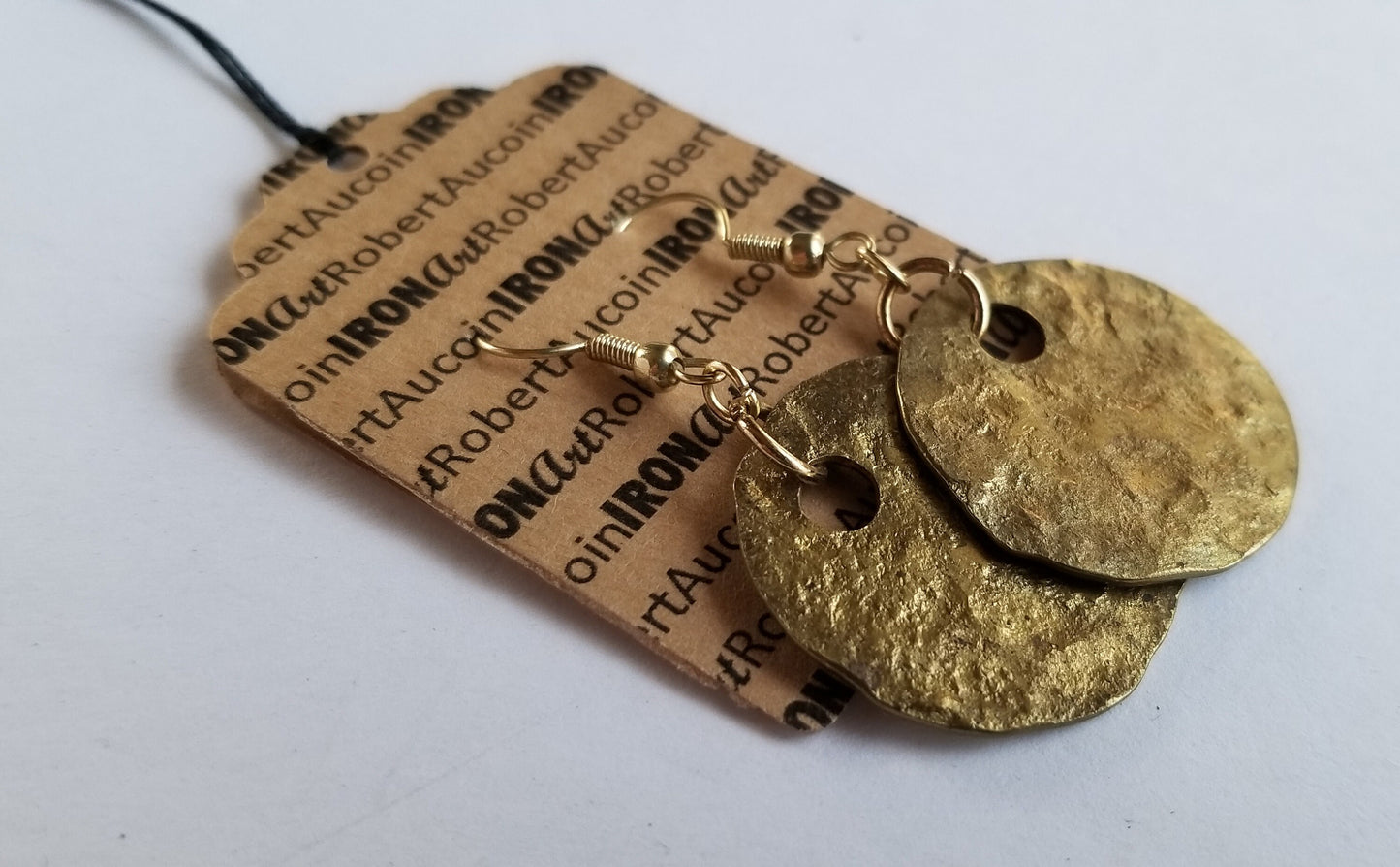 Anvil Textured Brass Earrings Hammered Ancient Gold Shepherd Hook Earrings w/ Bag Light Gold Earrings & Bag Stocking Stuffers Unisex Gifts
