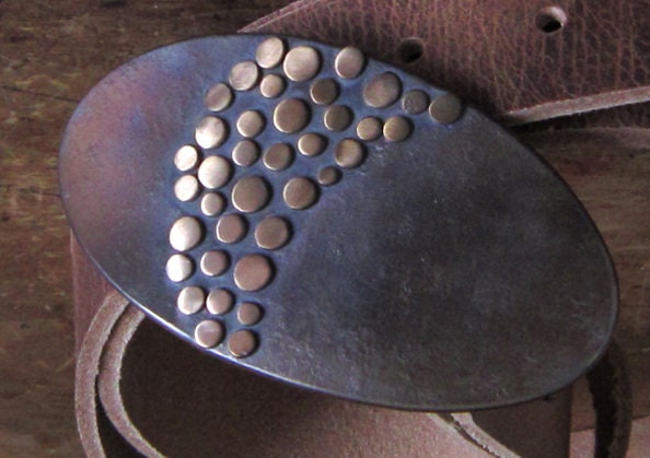 Belt Buckle, Hand Forged, Canadian Artisan Belt Buckle, Stainless Steel with Polka Dot Overlay, Fits 1-1/2" Belt for Blue Jeans, Streetwear