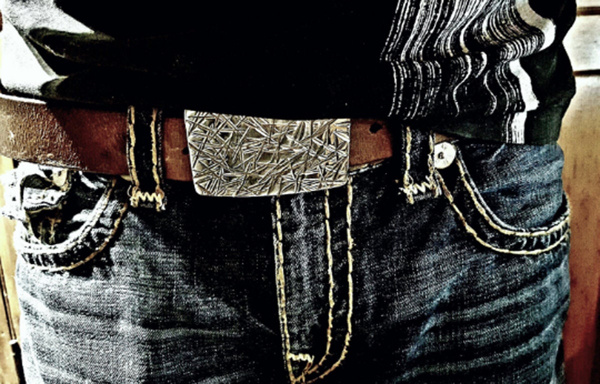 Belt Buckle Set for Blue Jean, Silver Buckle, Hand Forged Stainless Steel Buckle and 1-1/2" Leather Belt with Snaps, Your Belt Color Choice