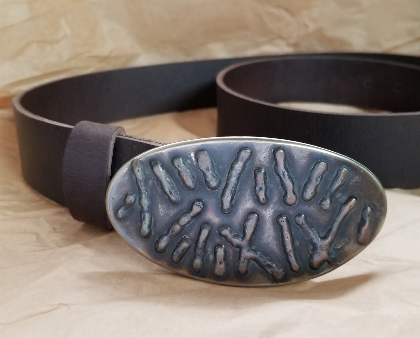 Bronze Belt Buckle & Leather Belt, Pick up Stix Design, Stainless Steel Blue Jean Unisex Belt Buckle and 1-1/2" Quality Leather Snap Belt