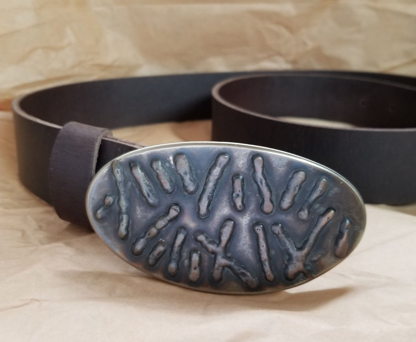 Bronze Belt Buckle & Leather Belt, Pick up Stix Design, Stainless Steel Blue Jean Unisex Belt Buckle and 1-1/2" Quality Leather Snap Belt