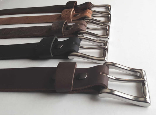Unisex Leather Belt & Simple Buckle 1-1/2" Wide Leather Belt with Snaps and Simple Buckle Belt for Jeans Stocking Stuffer, Gift Wrapped