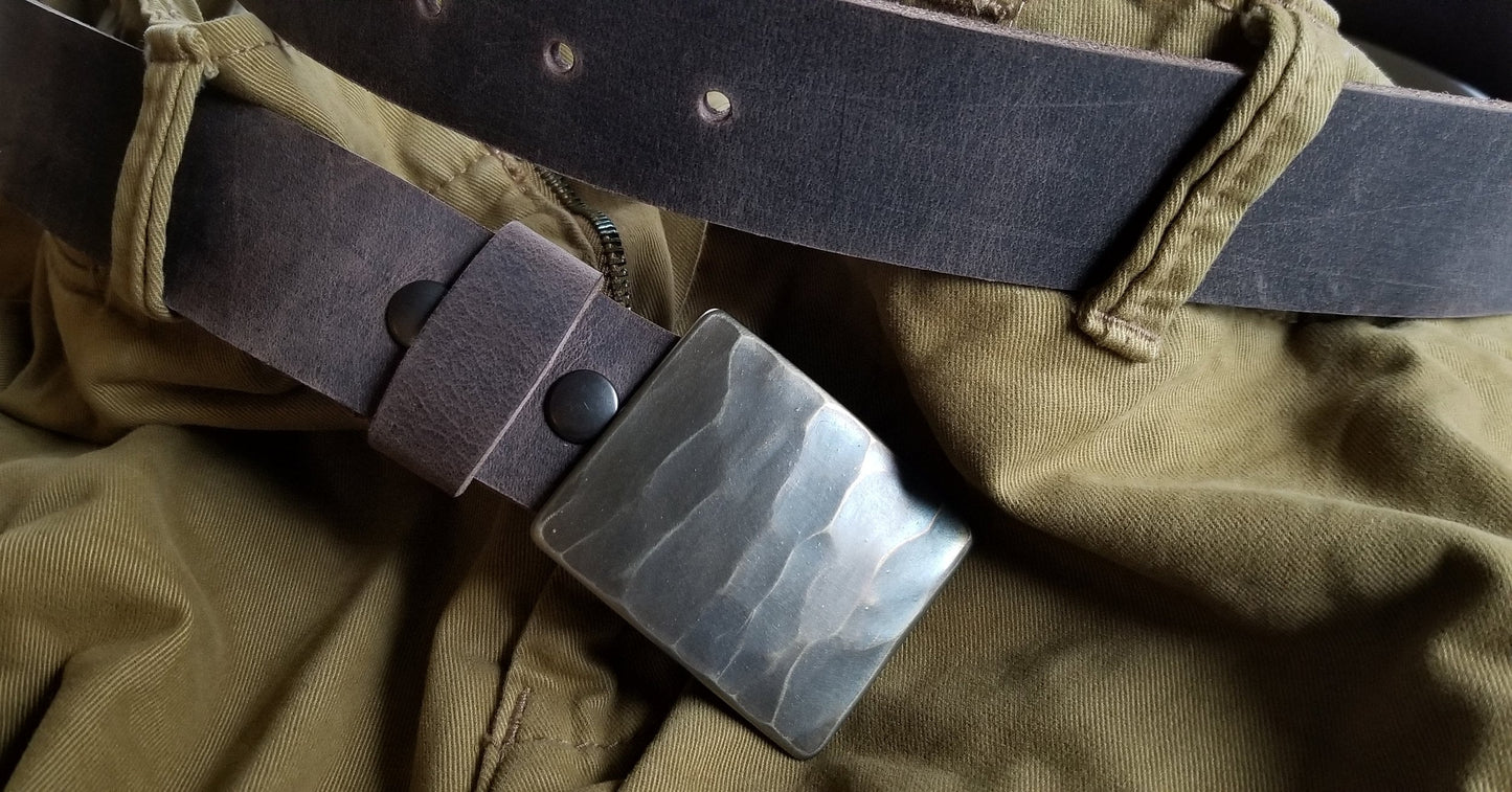 Belt & Buckle Set For Jeans, SquareISH,Bronze Wood Grain Belt Buckle, Your Belt Colour Choice, Unisex Gifts, Forged Stainless and 1.5" Belt