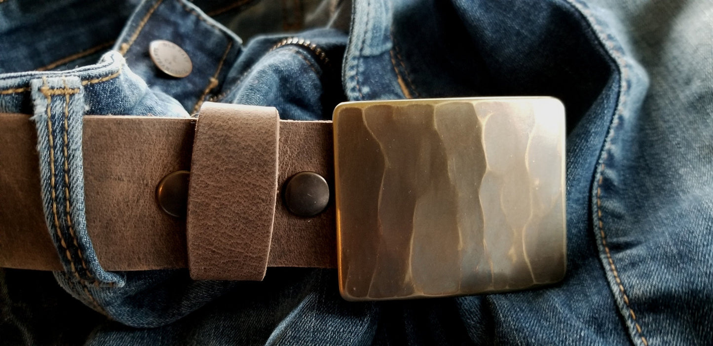 Belt & Buckle Set For Jeans, SquareISH,Bronze Wood Grain Belt Buckle, Your Belt Colour Choice, Unisex Gifts, Forged Stainless and 1.5" Belt