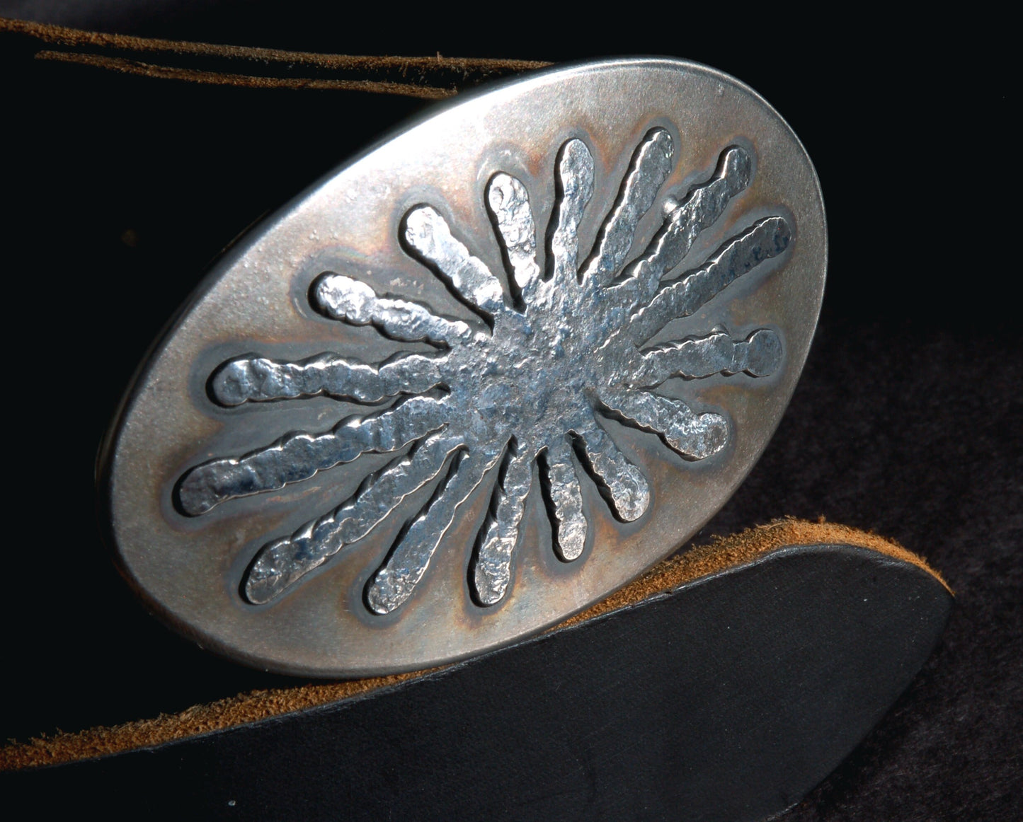 Oval Belt Buckle, Sunburst, Bronze Anniversary Gift, Hand Forged Buckle, Unisex Gift, Anvil Hammered Stainless Steel for 1.5" Leather Belt