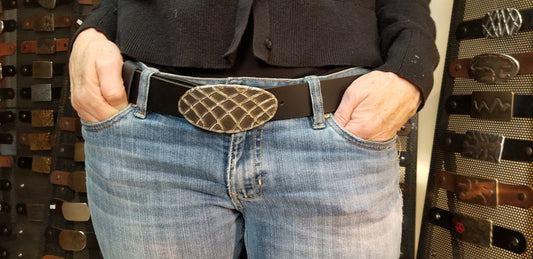 Belt & Buckle SET, Hand Forged Net Buckle with Hand Dyed 1.5" Grey Leather Belt, 6 Belt Colors, Anniversary Gifts for Him, Gifts for Her