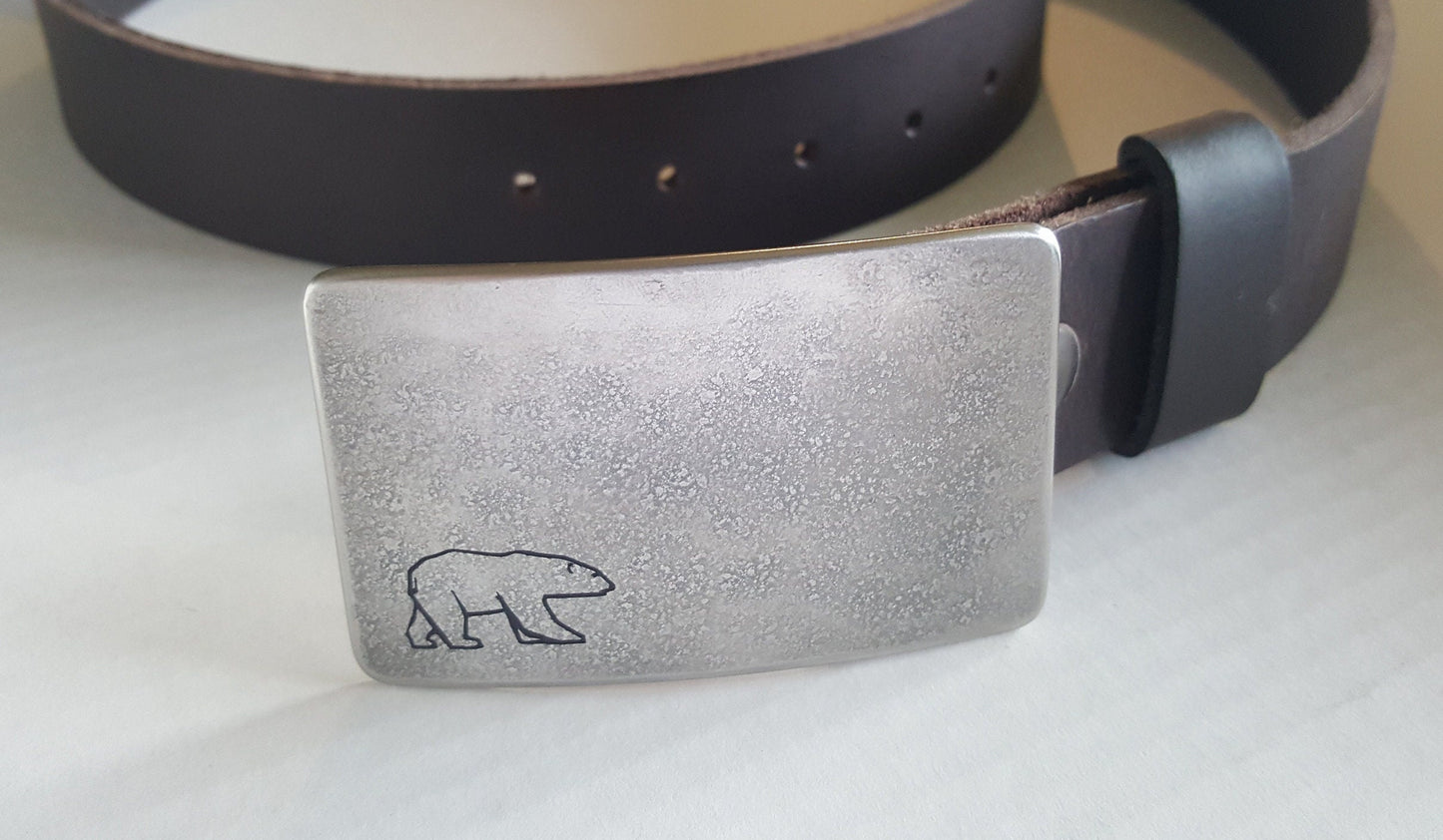 Personalized Belt & Buckle Set Canadian Polar Bear African Safari Etched Customized Design Buckle and 1.25" Wide Leather Belt w/ Snaps