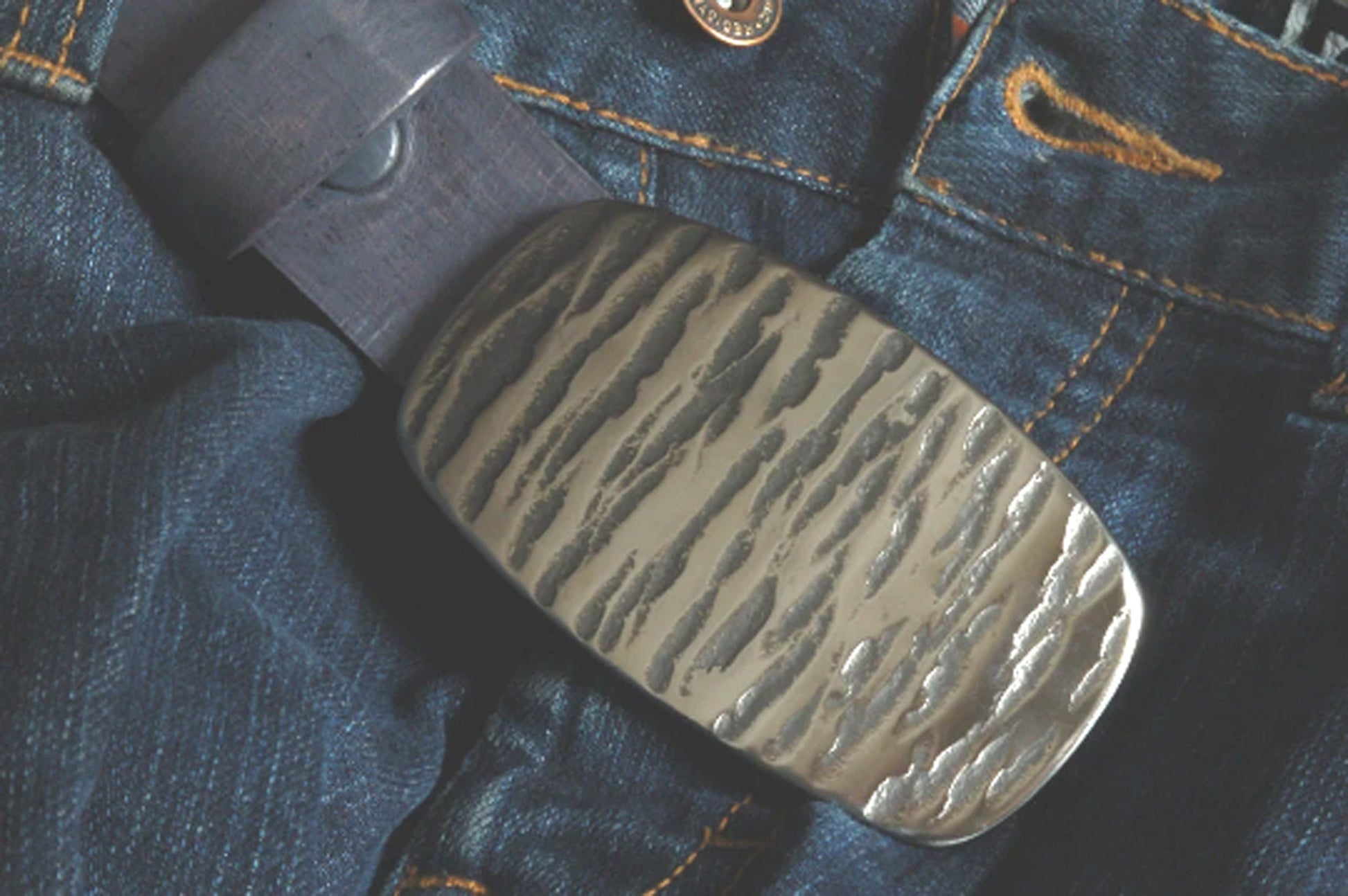 Blue Jean Belt Buckle, Silver & Denim, Unisex Accessories, Hand Forged Stainless Steel, Hypoallergenic Accessories, Buckle Fits 1.5" Belt