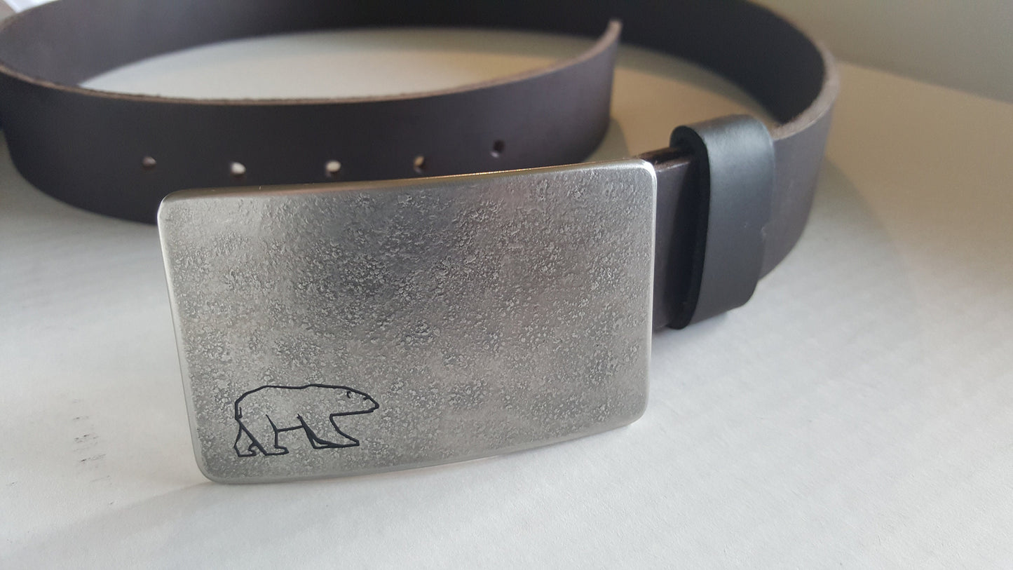 Personalized Belt & Buckle Set Canadian Polar Bear African Safari Etched Customized Design Buckle and 1.25" Wide Leather Belt w/ Snaps