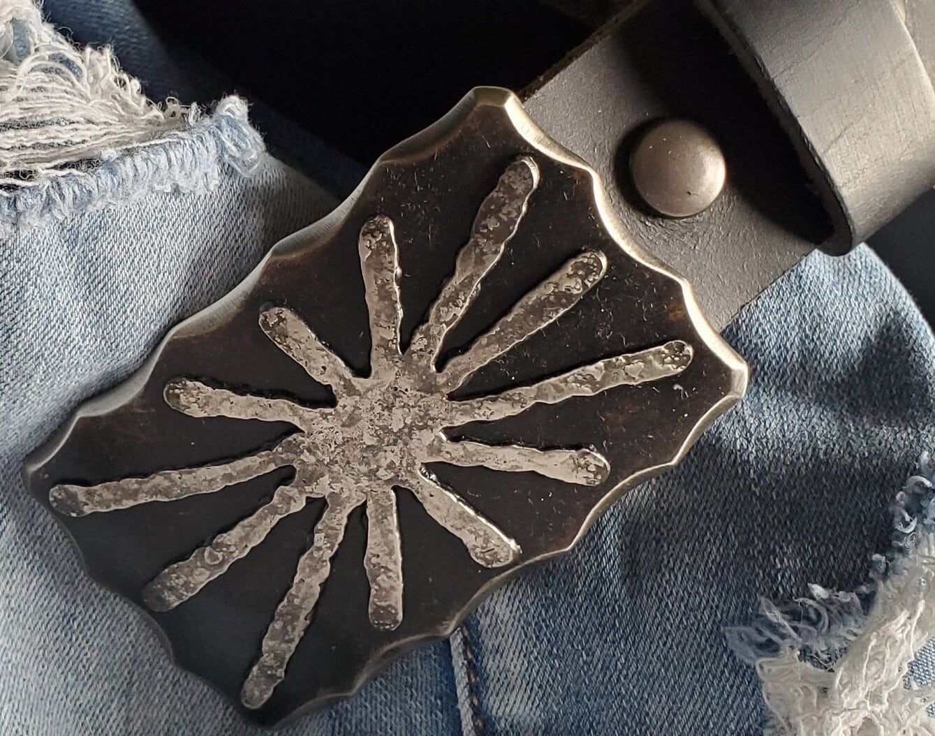 Belt Buckle, Sun Buckle, Stainless Anniversary or Bronze Anniversary Gift, Hand Forged Buckle, Unisex Gift, Buckle for 1.5" Leather Belt