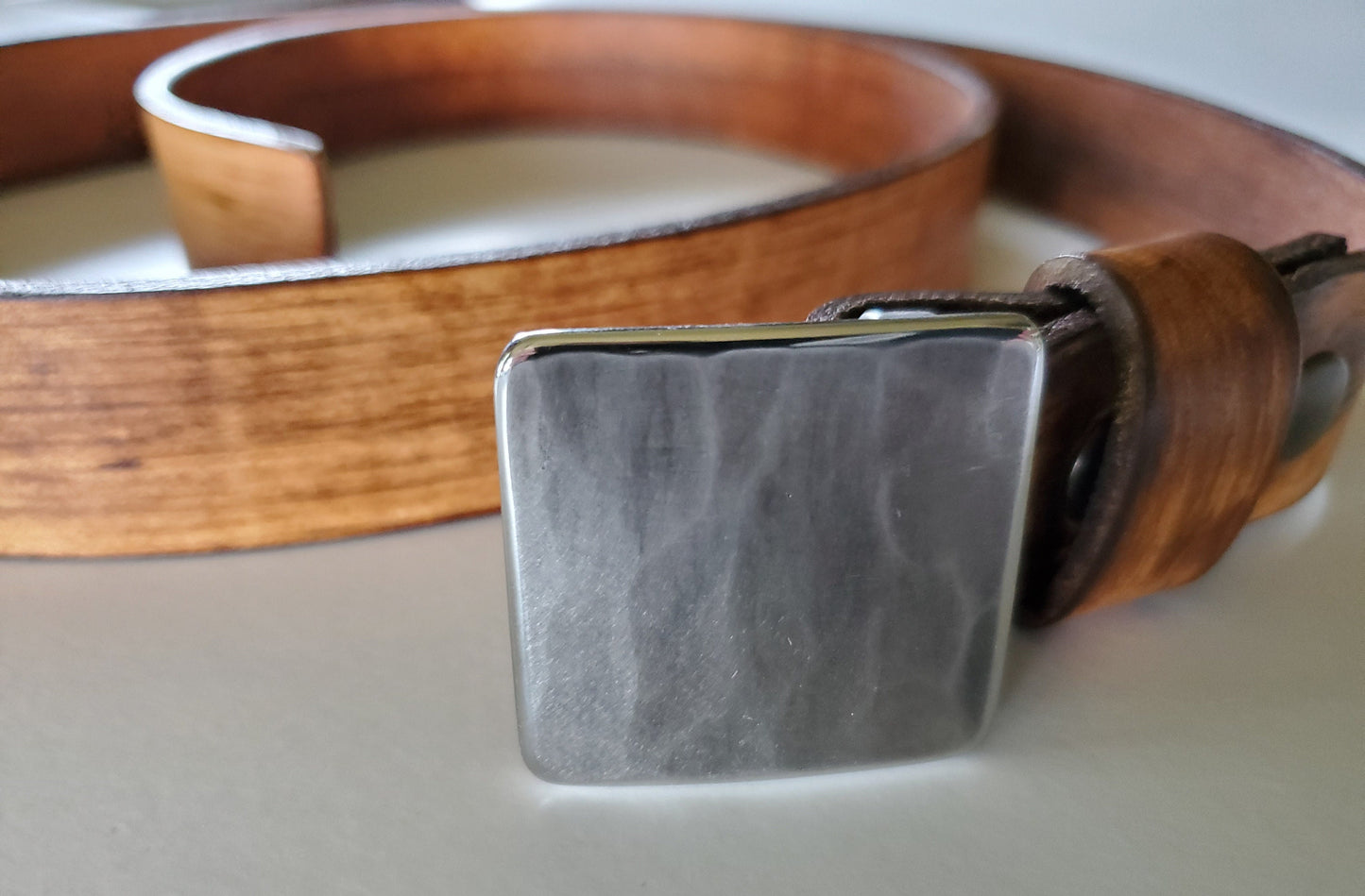 Tiny Silver Woodgrain Buckle & Leather Belt, Unisex Belt and Buckle, Stainless Steel 1-5/8" x 1-1/2" fits 1-1/4" Custom Leather Belt