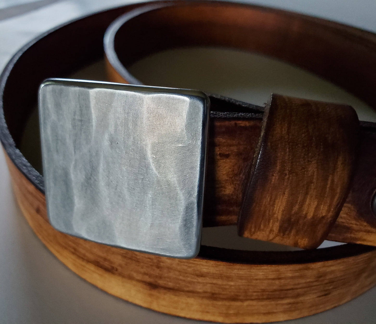 Tiny Silver Woodgrain Buckle & Leather Belt, Unisex Belt and Buckle, Stainless Steel 1-5/8" x 1-1/2" fits 1-1/4" Custom Leather Belt