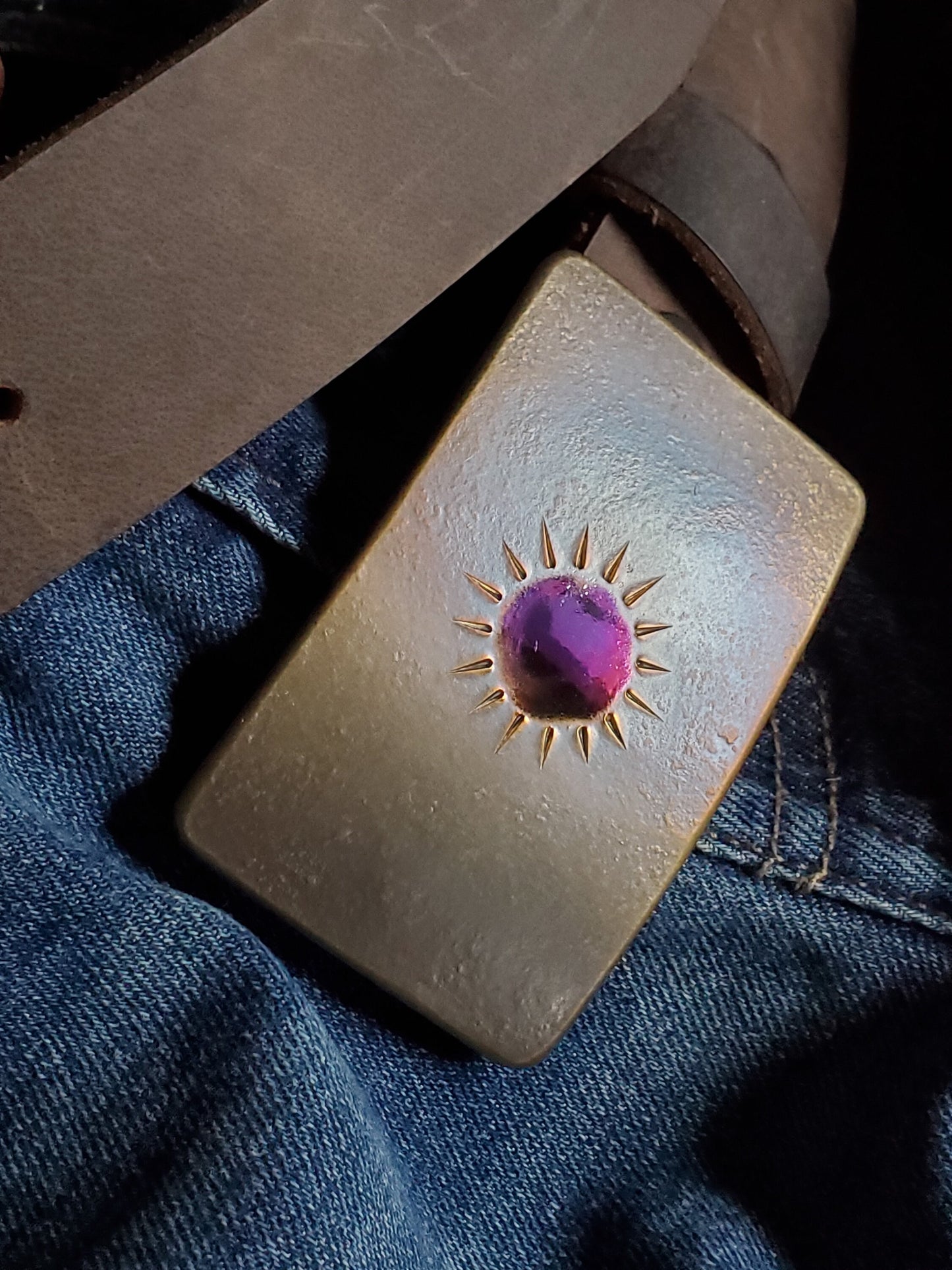 Belt Buckle, Arizona Sunshine, Sun Buckle, Florida Sun, Purple, Gold Hand Forged Buckle, Hypoallergenic Gift, Unisex Buckle Fits 1.5" Belt