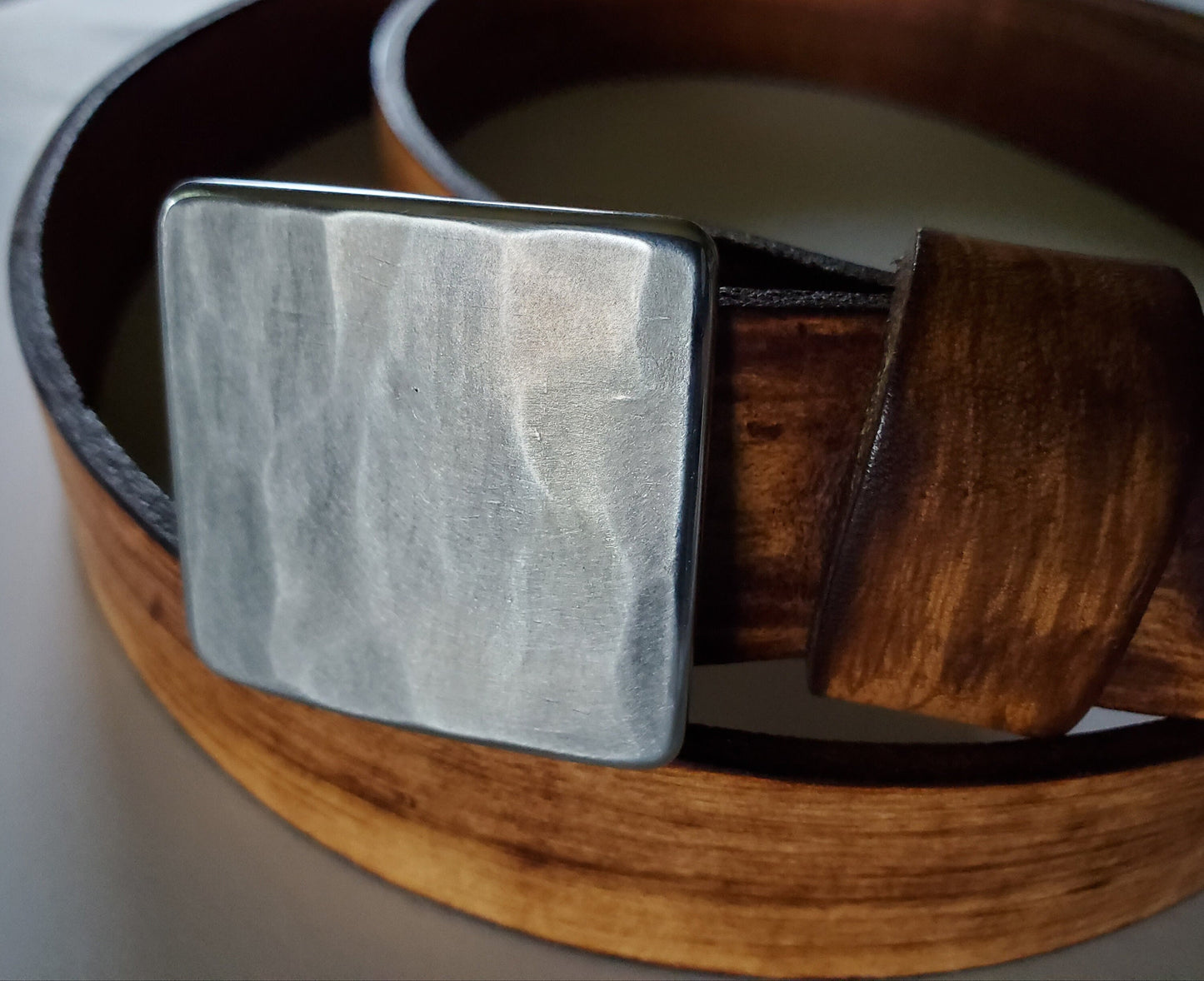 Tiny Silver Woodgrain Buckle & Leather Belt, Unisex Belt and Buckle, Stainless Steel 1-5/8" x 1-1/2" fits 1-1/4" Custom Leather Belt