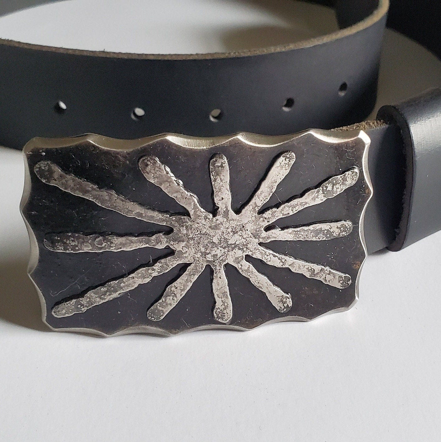 Sun Buckle & Belt Stainless Anniversary or Bronze Anniversary Gift Hand Forged Blue Jean Buckle Unisex Gift Buckle for 1.5" Leather Belt