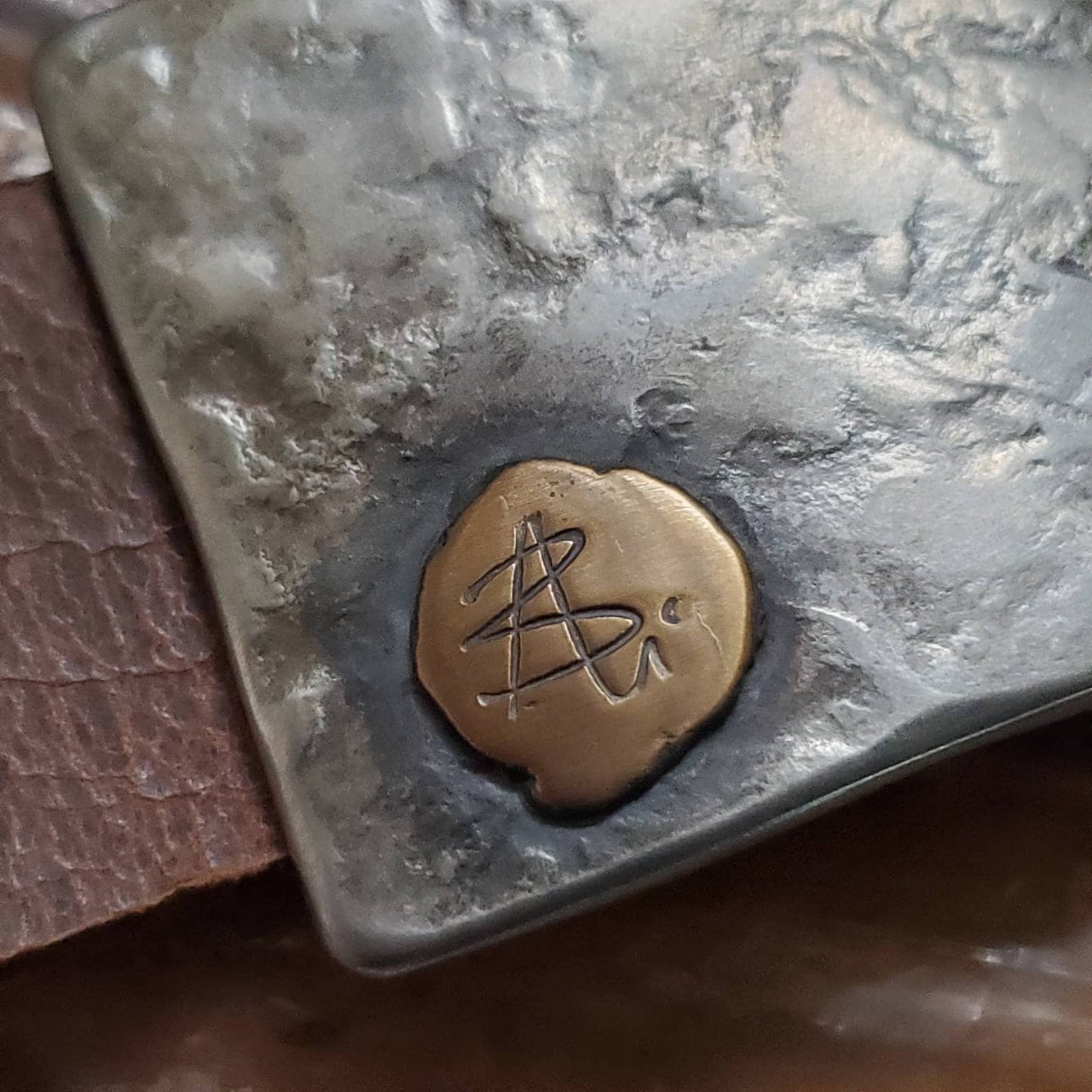 Belt Buckle Signed Original Silver Hand Forged Buckle w/ Bronze Artist's Signature, Hypoallergenic, Stainless Steel For 1.5" Leather Belt