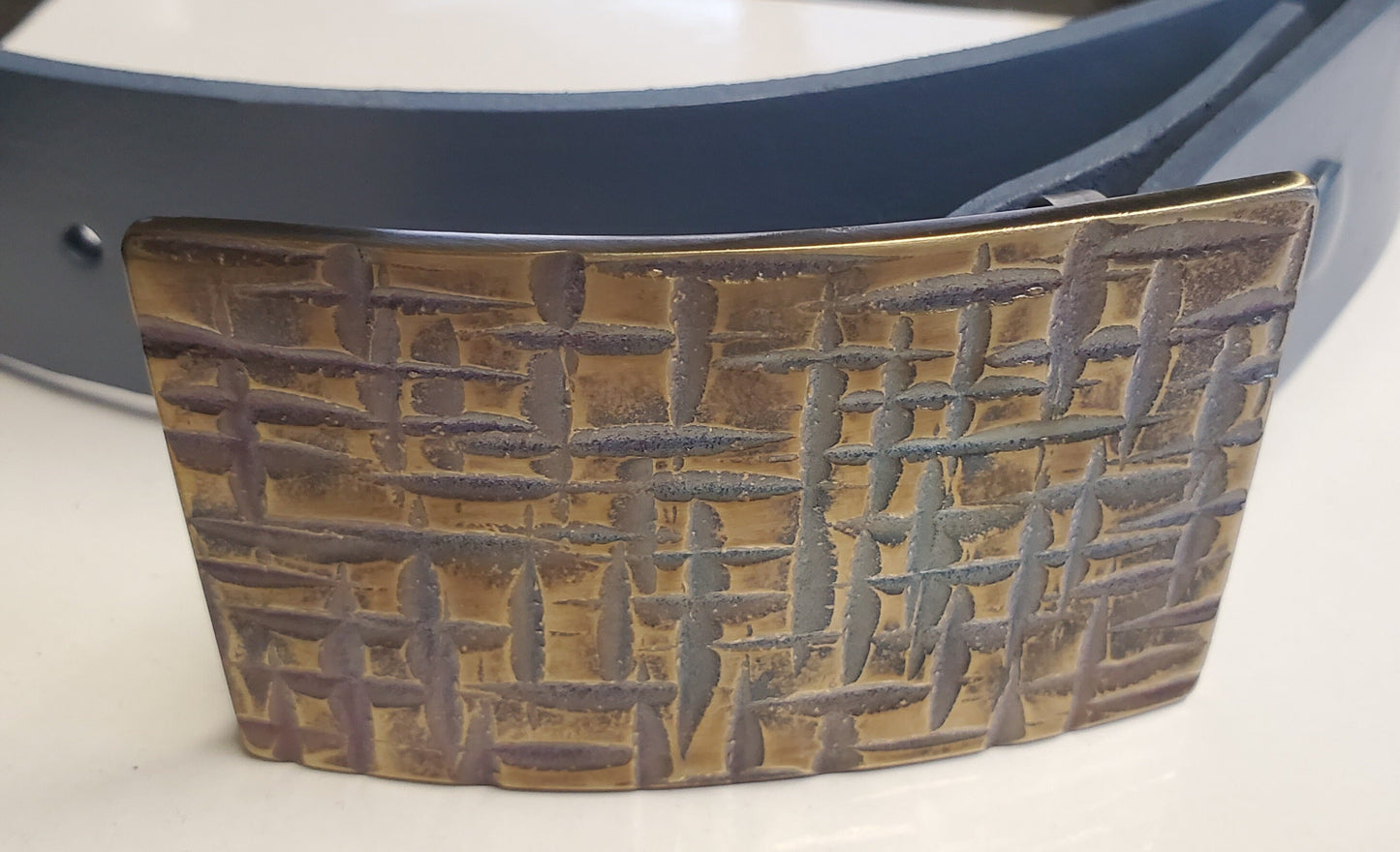 Belt and Buckle Unisex Blue Jean Buckle Gold & Blue Buckle Hand Forged Stainless Steel Buckle and Dusty Blue 1-1/2" Leather Belt