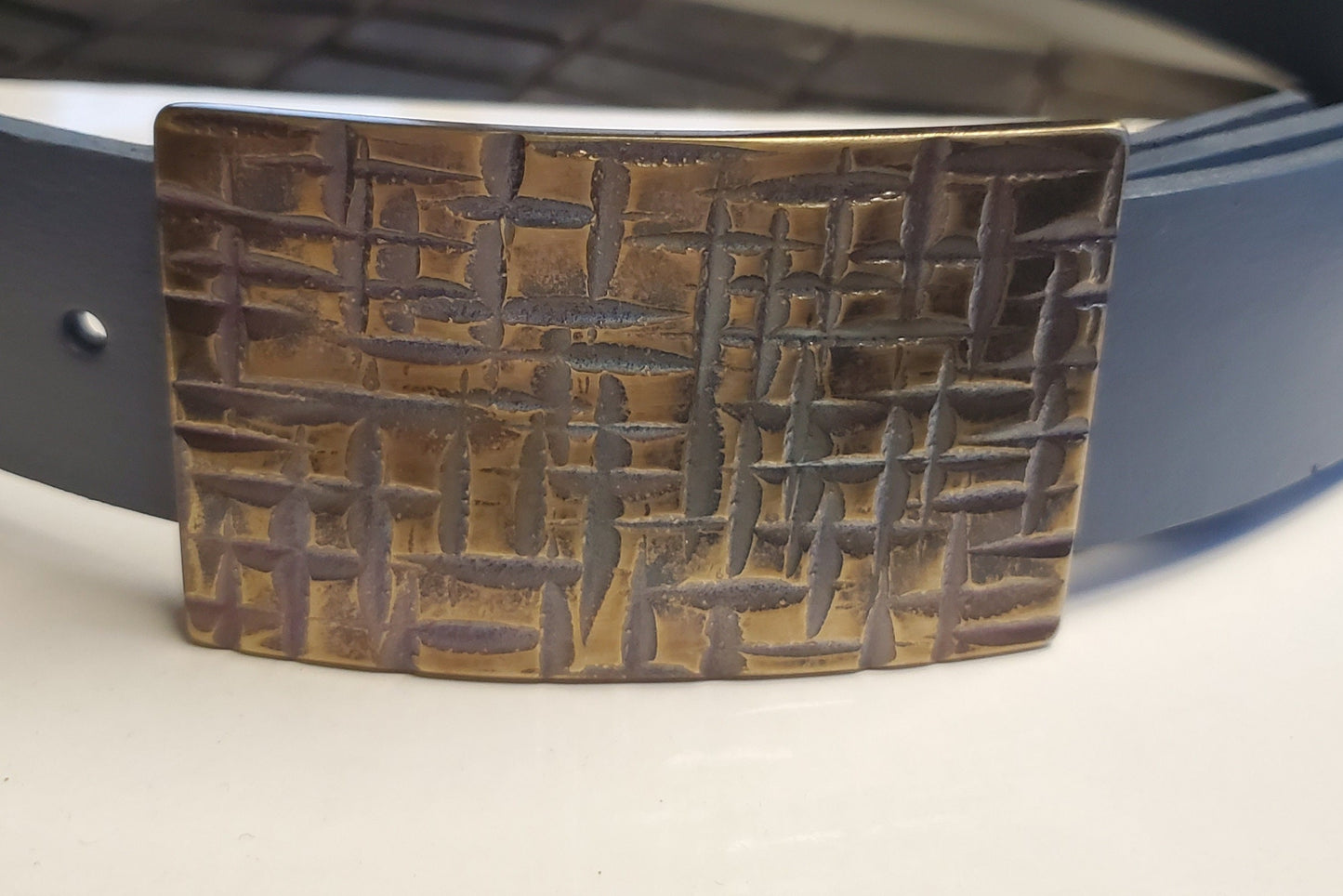 Belt and Buckle Unisex Blue Jean Buckle Gold & Blue Buckle Hand Forged Stainless Steel Buckle and Dusty Blue 1-1/2" Leather Belt