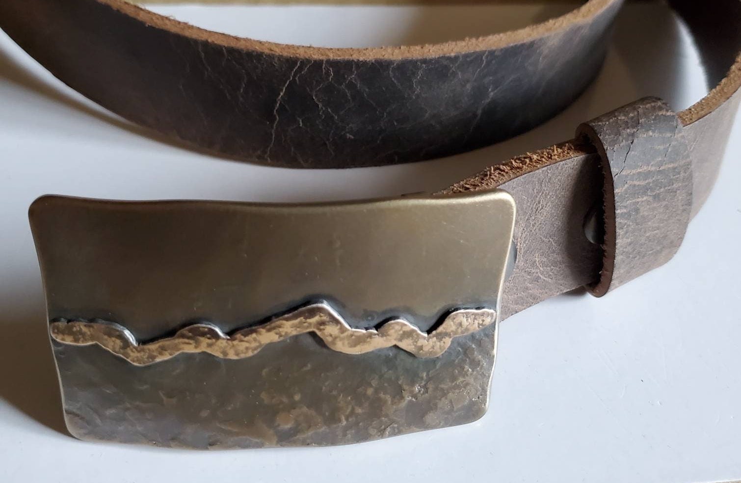 Belt Buckle, Hand Forged Landscape,Stainless Steel & Bronze Overlay, Hypoallergenic Accessories, Buckle fits 1.5" Belt for Blue Jeans